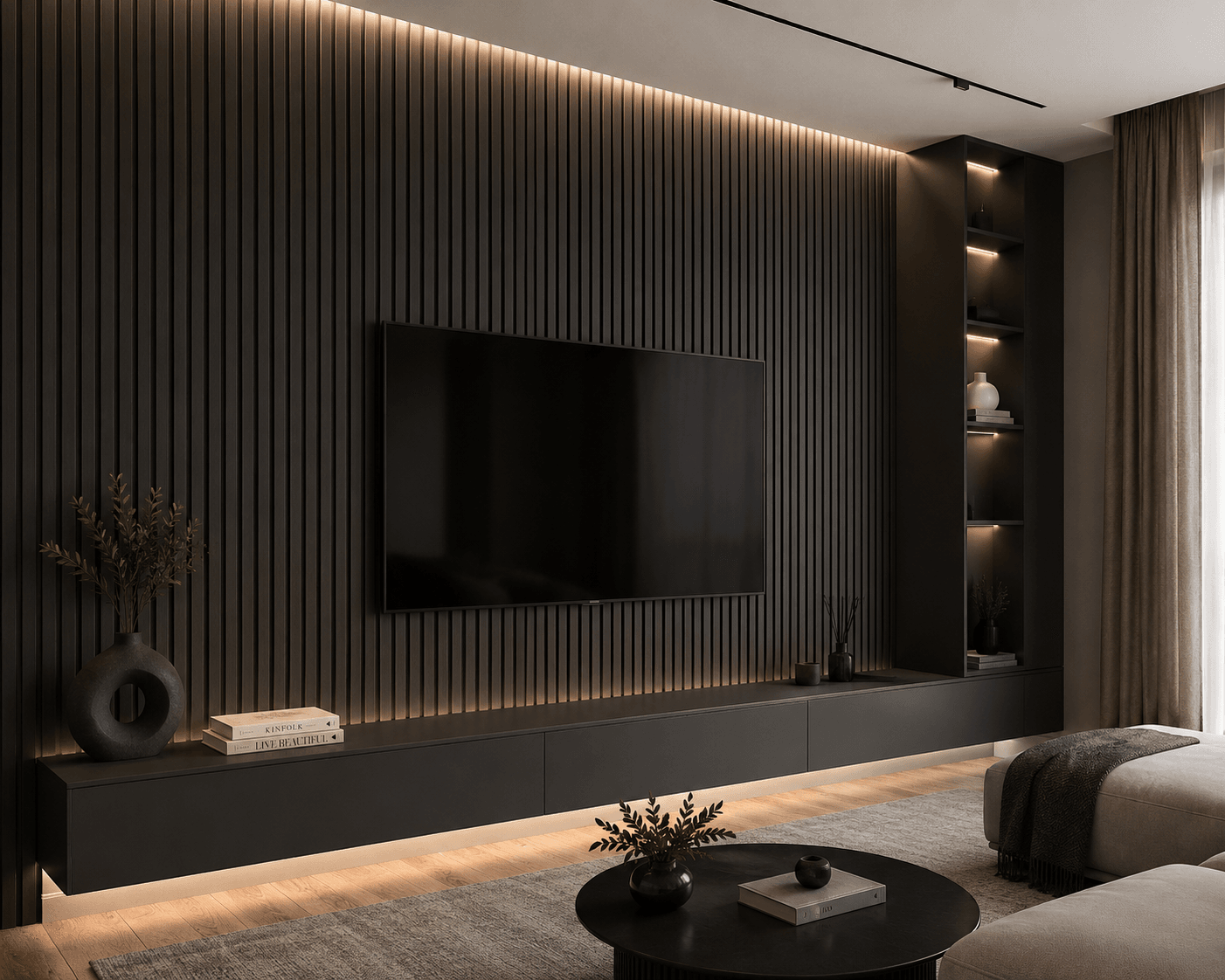 Negro Atenas - Revestimiento de pared palillería efecto 3D vinílico WPC — vista 1