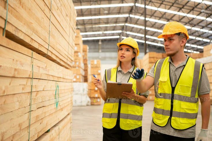 ambos de trabajadores trabajo en un carpintería fábrica, comprobación inventario el madera en el de madera almacén ambos de trabajadores trabajo en un carpintería fábrica, comprobación inventario el madera en el de madera almacén